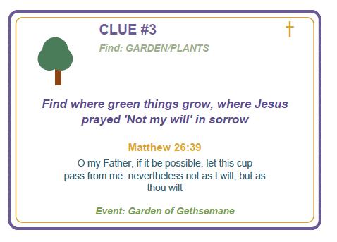 Easter story treasure hunt Clue #3 - Garden of Gethsemane KJV Matthew 26:39 printable card for kids