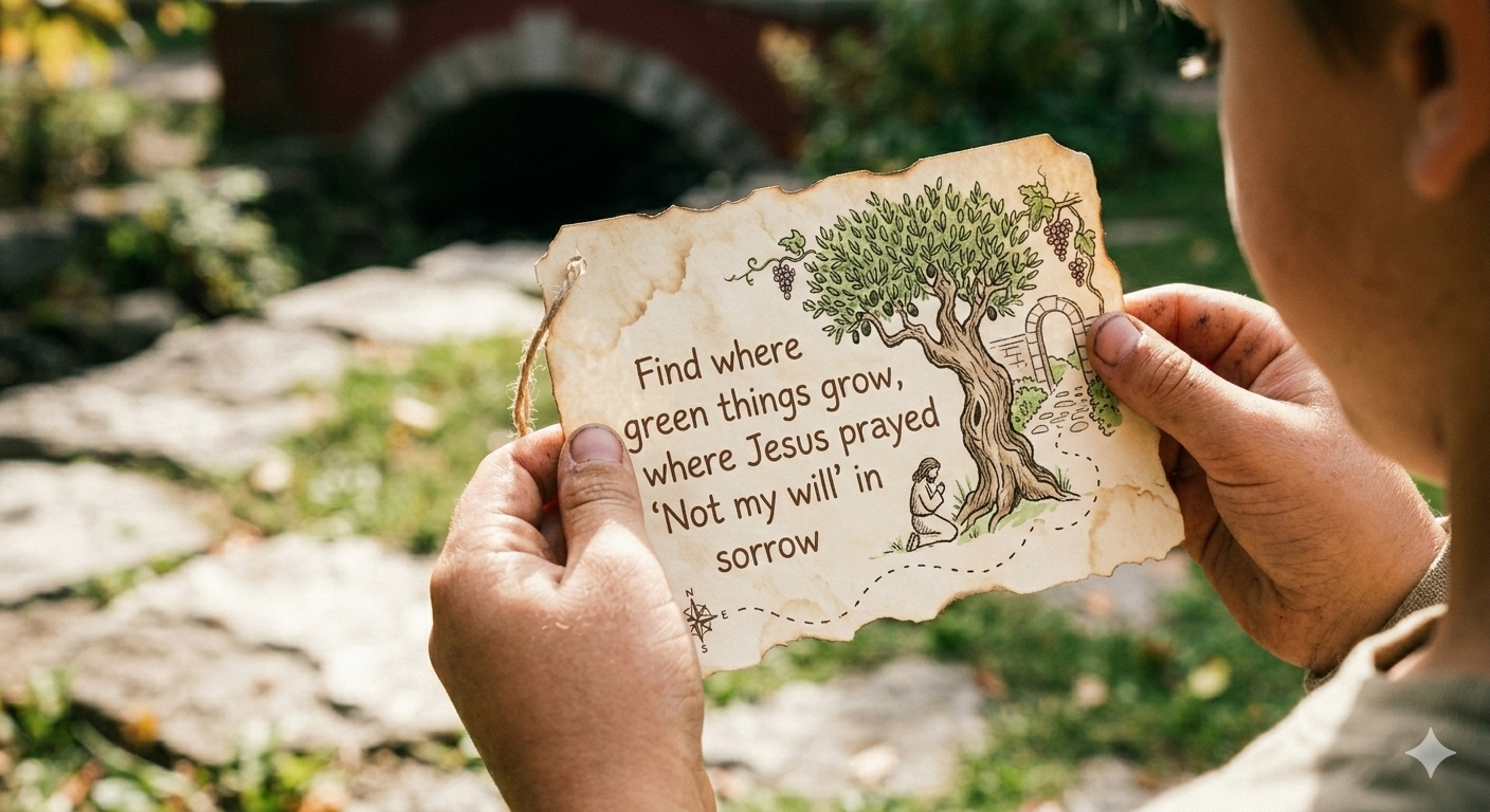 Easter treasure hunt Bible kids activity - child holding KJV story clue card